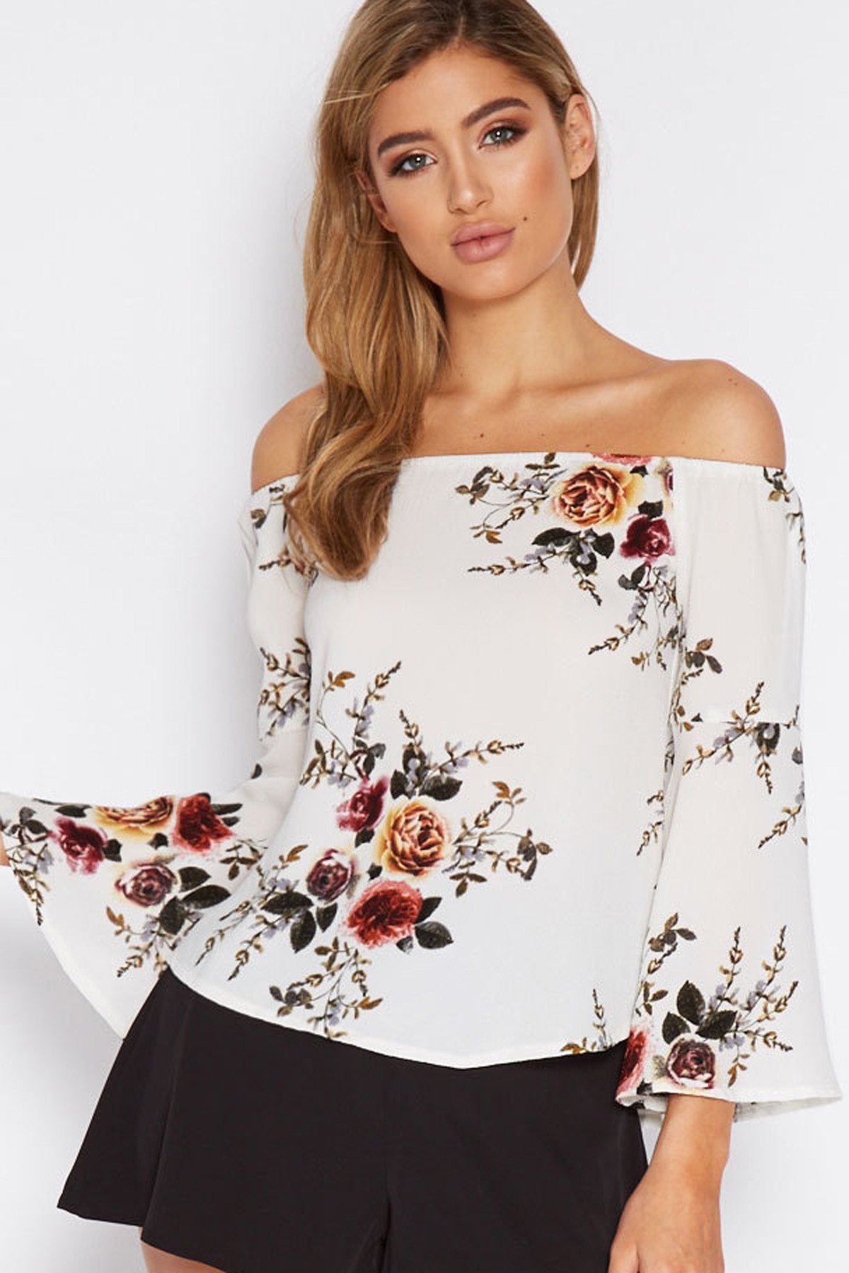 Off Shoulder Flower Print Trumpet Sleeves Blouse