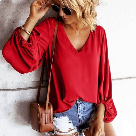 Lantern Sleeves Loose V-neck T-shirt