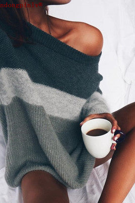 Striped Long Sleeves One Shoulder Patchwork Sweater