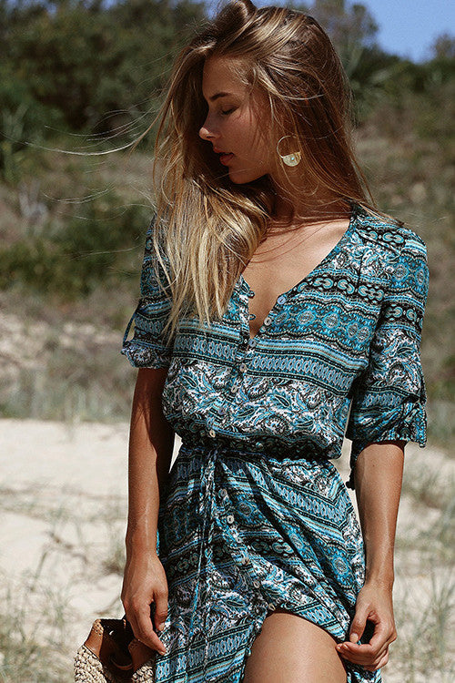 Print Stripe Button V-neck Half Sleeves Split Long Beach Dress