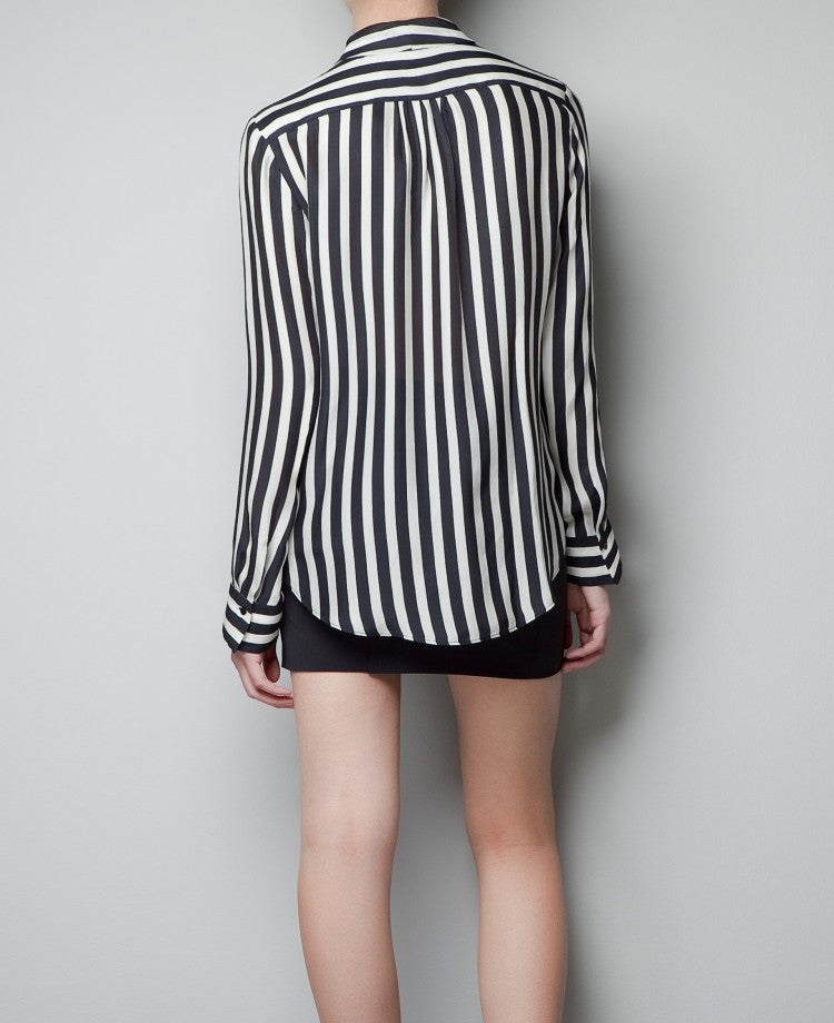 Striped Deep V-neck Long Sleeves Slim Chiffon Blouse - May Your Fashion - 5