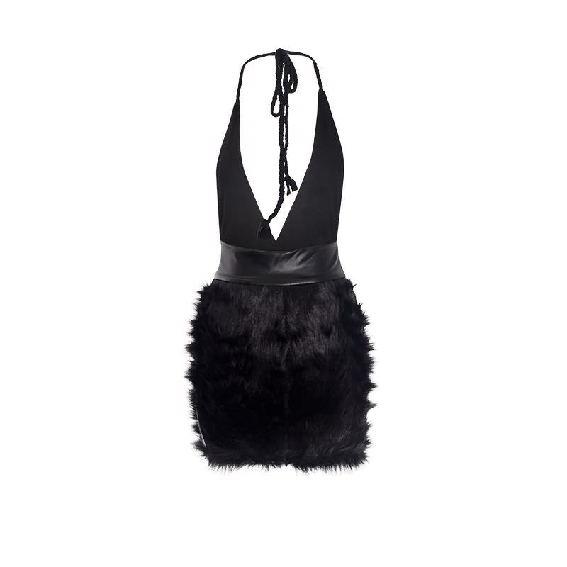 Faux Fur Pure Color Deep V-neck Sleeveless Short Dress