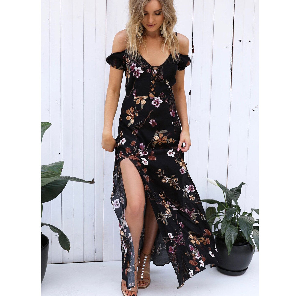 Spaghetti Strap V-neck Bear Shoulder Floral Print Split Long Dress