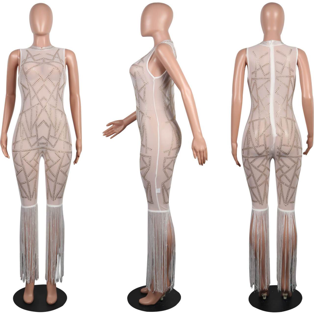 Sparkle Fringed See Through Mesh Jumpsuits