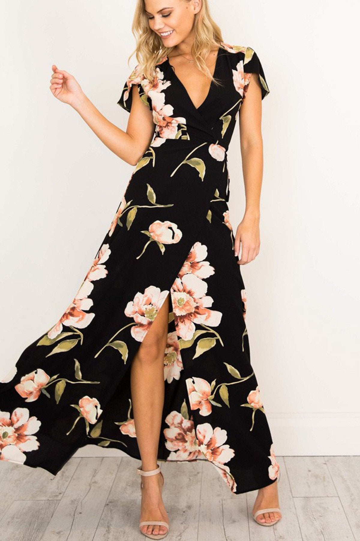 V-neck Flower Print Long Dress