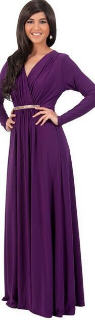 Long Sleeve V-neck Pleated Long Dress