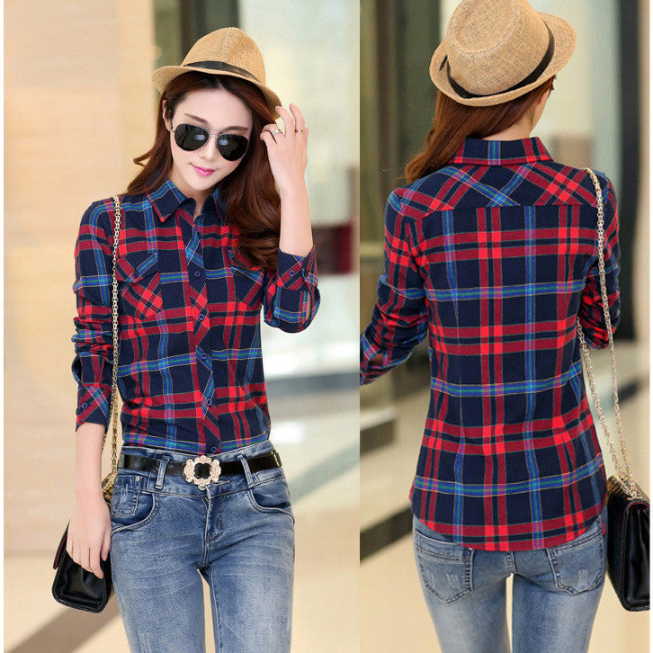 Turn-down Collar Plaid Flower Print Long Sleeves Slim Button Blouse ...