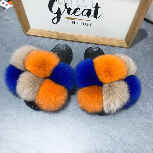 Color Matching Large Fur Real Natural Fox Fur Slides Colorful Fluffy Fur Slides Sandals Slippers Fashion Women Shoes