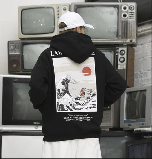 Japanese Embroidery Funny Cat Wave Printed Fleece Hoodies Winter Japan Style Hip Hop Casual Sweatshirts Streetwear