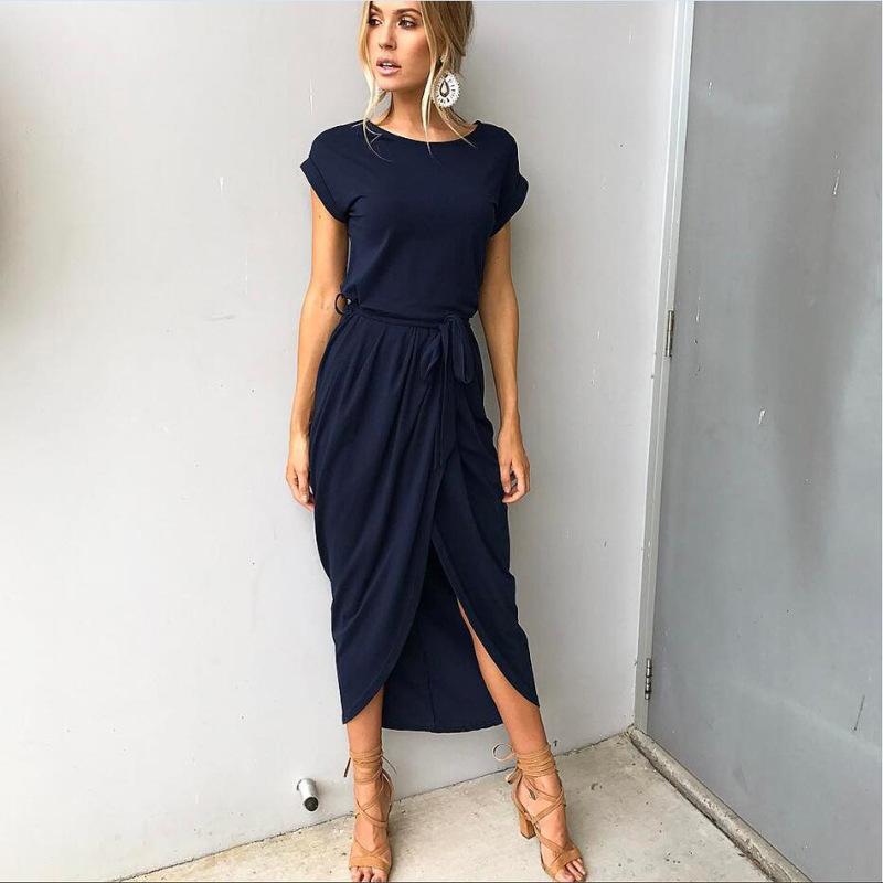 Pure Color Irregular Straps Belt Long Dress