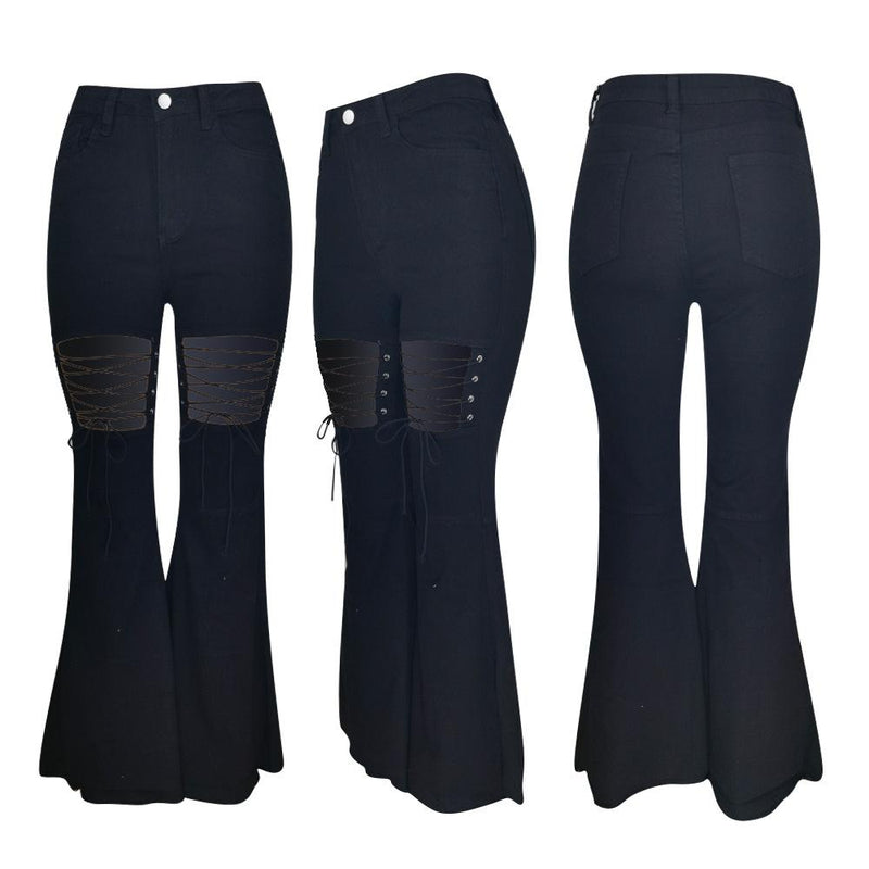 Solid Color Casual Wash Bandage Denim Flared Pants