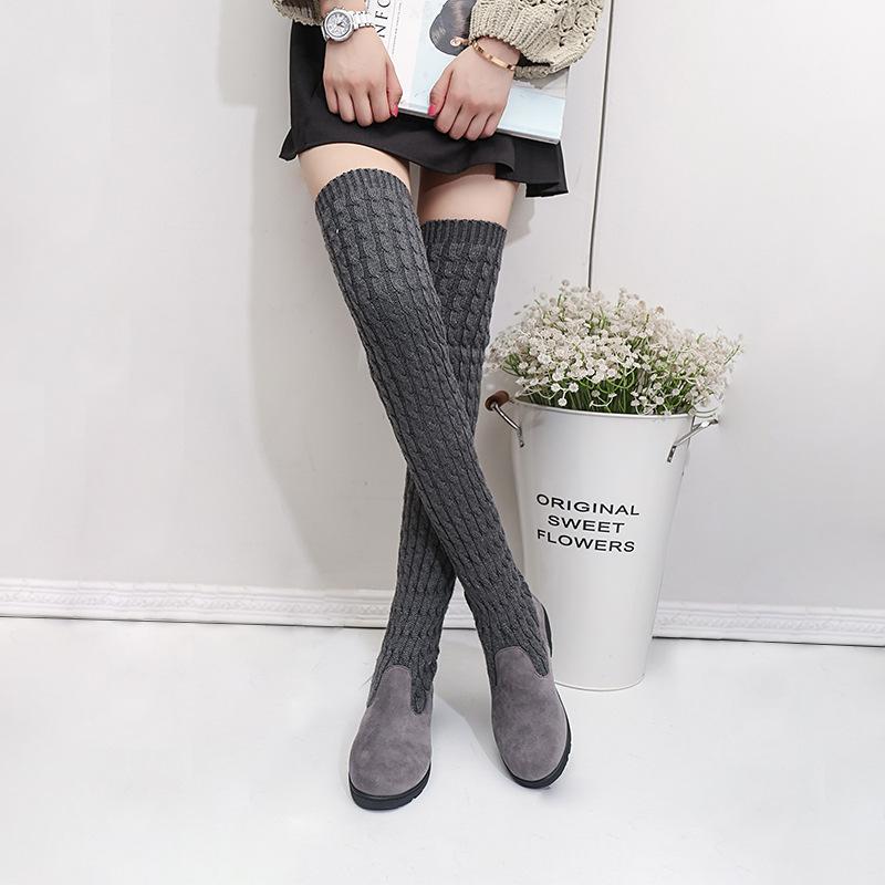 Knitted Wool High Barrel Flat Bottomed Over Knee Elastic Boots