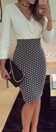 V-neck Long Sleeves Patchwork Bodycon Knee-length Dress