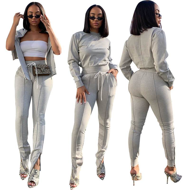 Long Sleeves Crop Top High Waist Skinny Pants Set