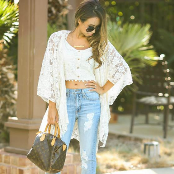 3/4 Sleeves Lace Floral Transparent Bikini Cover Up - May Your Fashion - 2