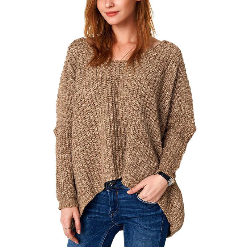 Long Sleeves Pure Color V-neck Irregular Loose Sweater