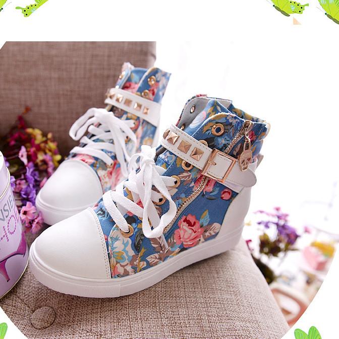 Cute Floral Print Skull Lace Up High Cut Women Sneakers - MeetYoursFashion - 6