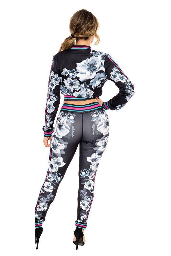 Flower Print Crop Top Coat with Skinny Pants Two Pieces Set
