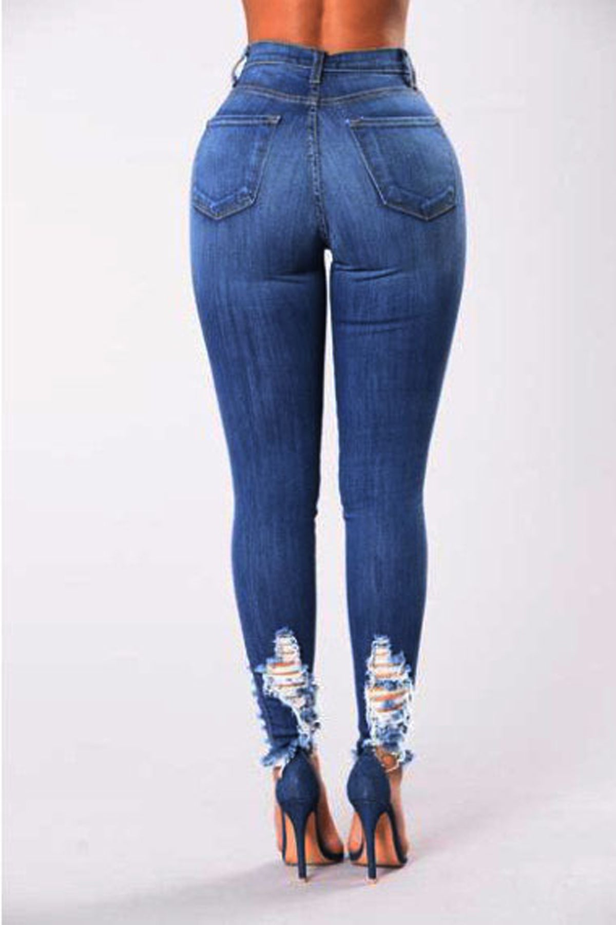 High Waist Pure Color Rough Holes Long Skinny Jeans
