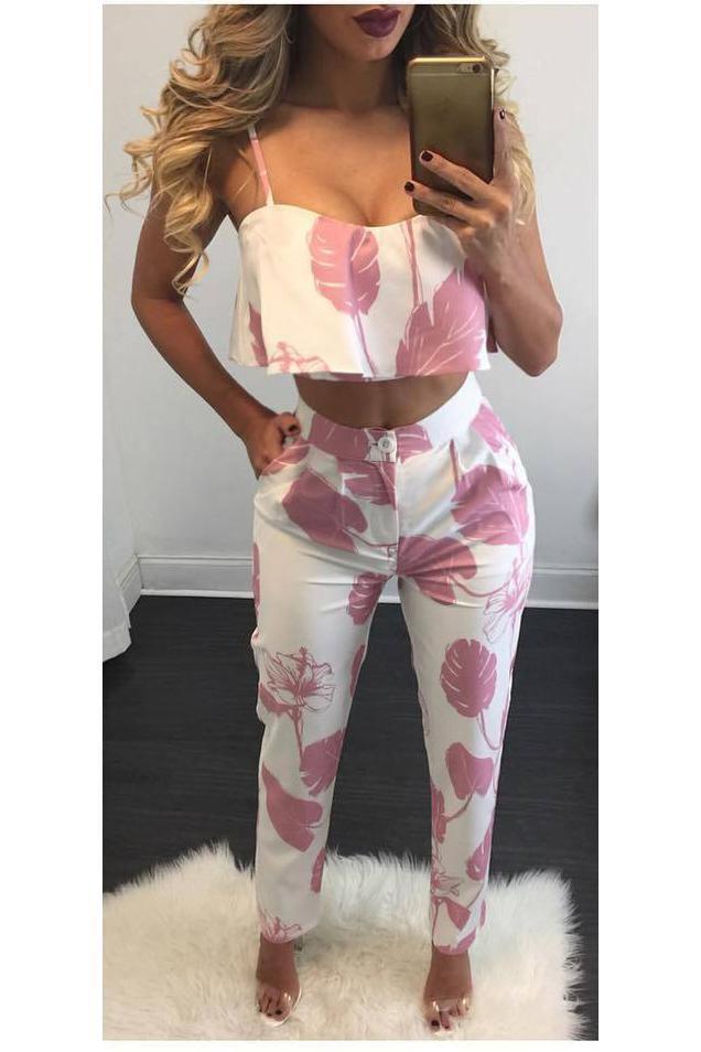Leaf Print Ruffles Crop Top with High-waist Skinny Pants Two Pieces Set