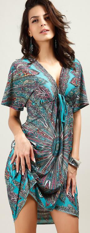 Plus Size Floral Print V Neck Draw String Beach Dress