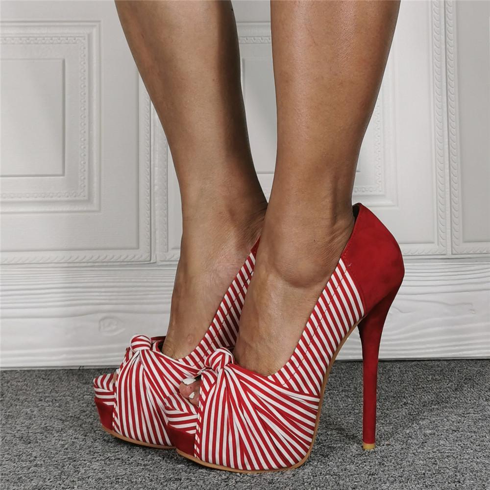 Red Suede Peep Toe Stripes High Heel Sandals