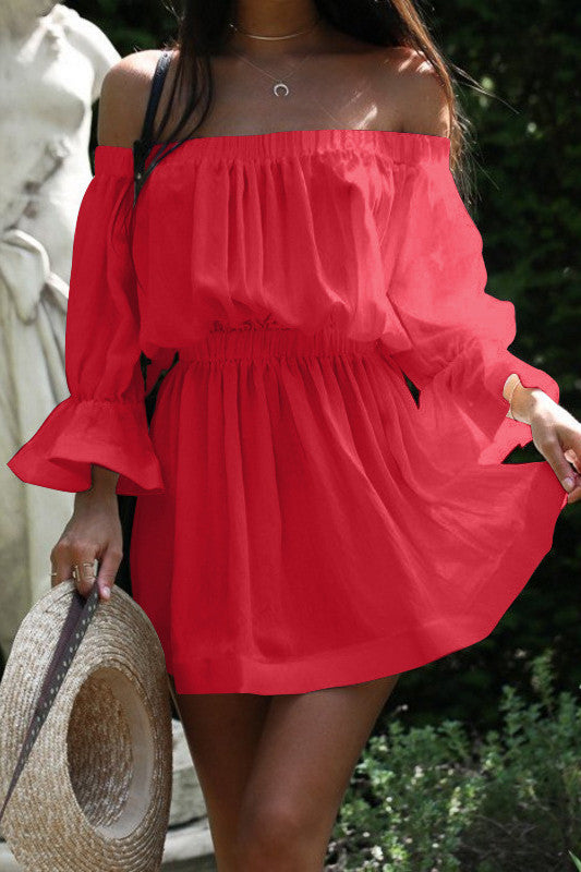 Off Shoulder Trumpet Half Sleeves Pure Color Short Dress