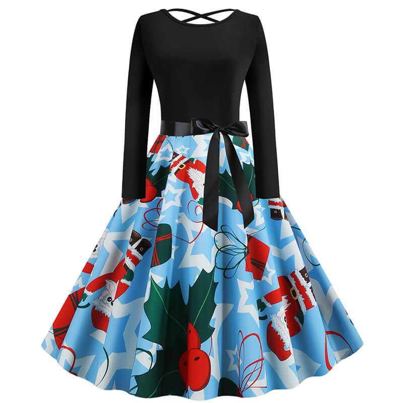 Christmas Print Crossed Back A Line Dress