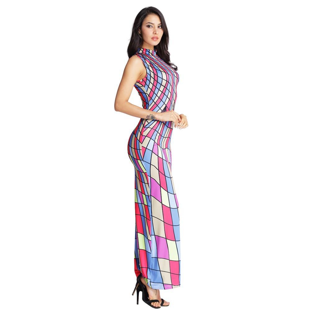 High Neck Stripe Print Colorful Long Dress