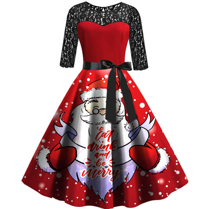 Christmas Retro Lace Splice Print Belt Dress