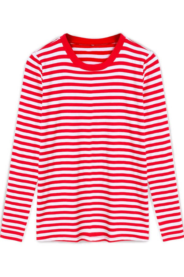 Red White Stripe Scoop Long Sleeve Loose T-shirt