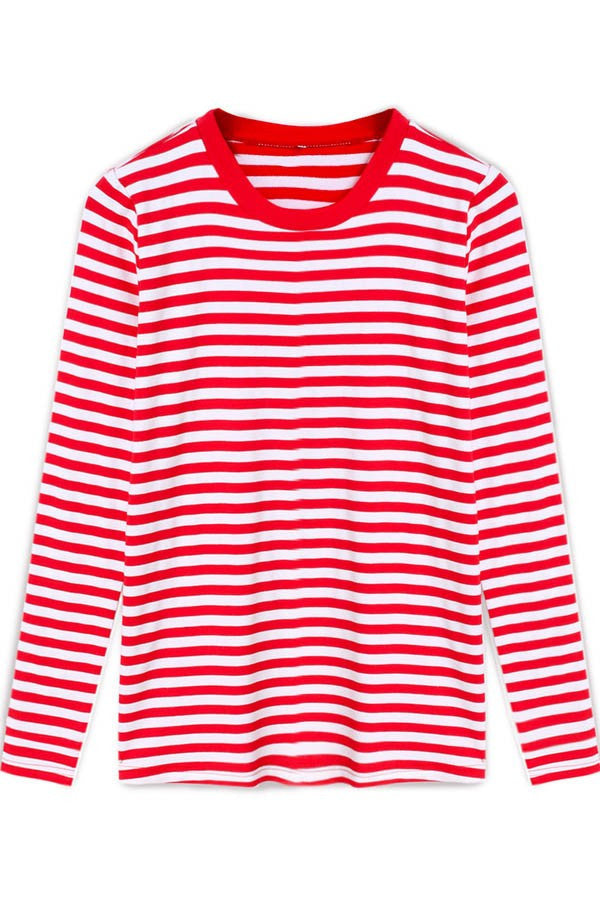 Red White Stripe Scoop Long Sleeve Loose T-shirt – May Your Fashion