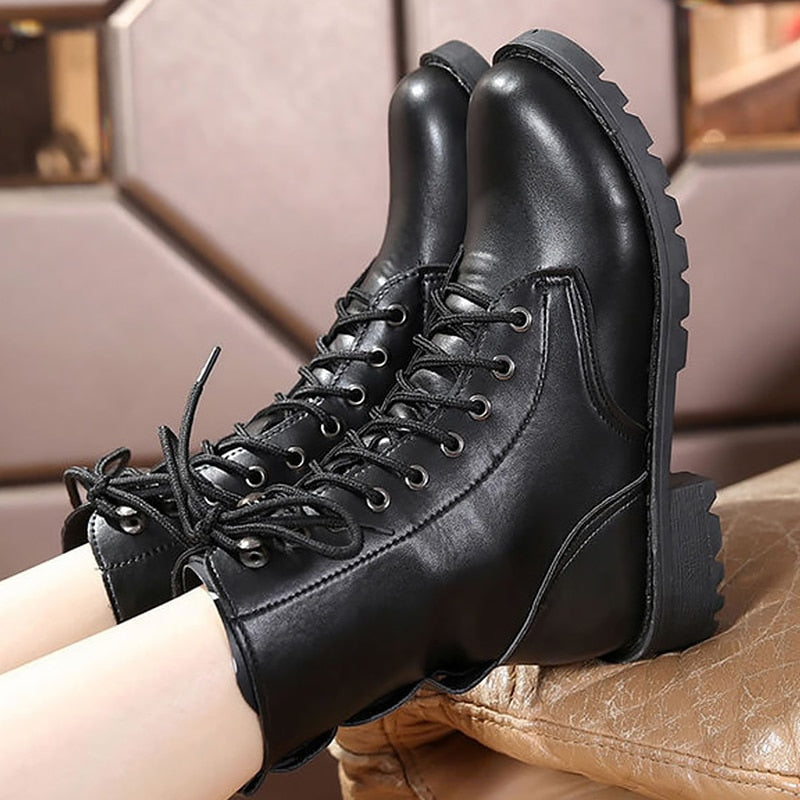 Black Motorcycle Leather Strap Round Toe Chunky Heel Ankle Boots