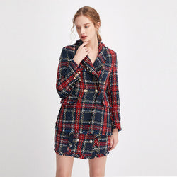 Vintage Double Breasted Blazers Coat Women Fashion Pockets Plaid Ladies Outerwear