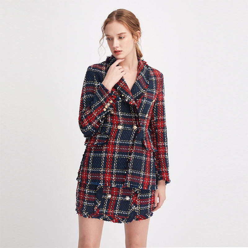 Vintage Double Breasted Blazers Coat Women Fashion Pockets Plaid Ladies Outerwear