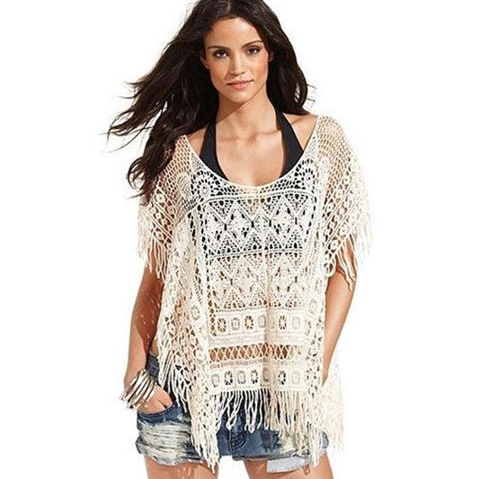 Hollow Out Crochet Knit Loose Tassels Top Blouse - May Your Fashion - 1