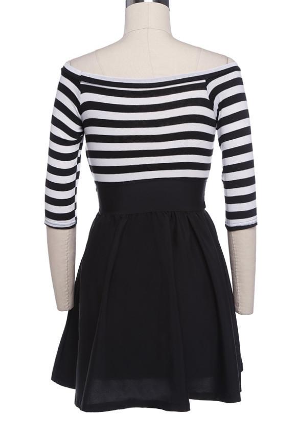 Half Sleeves Off Shoulder Stripe Stitching Short Dress - MeetYoursFashion - 6