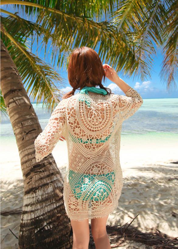 Hollow Out Crochet Half Sleeves Bikini Swimwear Cover Up Beach Dress - MeetYoursFashion - 4