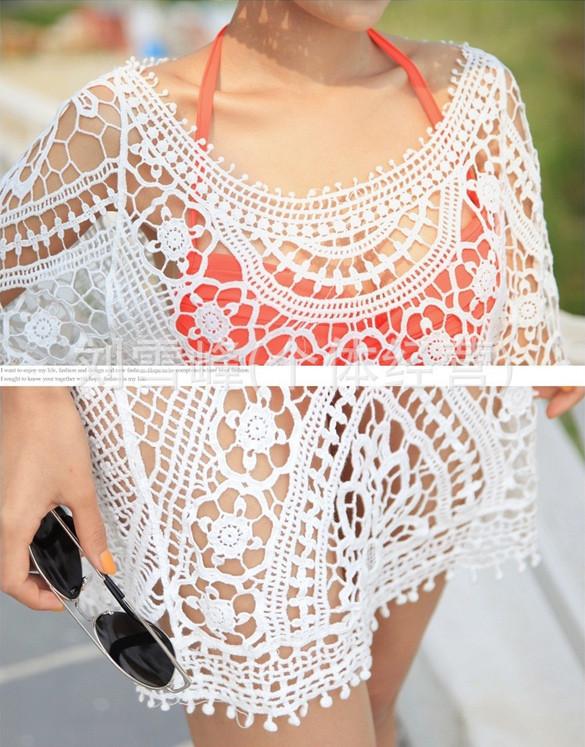 Hollow Out Crochet Half Sleeves Bikini Swimwear Cover Up Beach Dress - MeetYoursFashion - 5