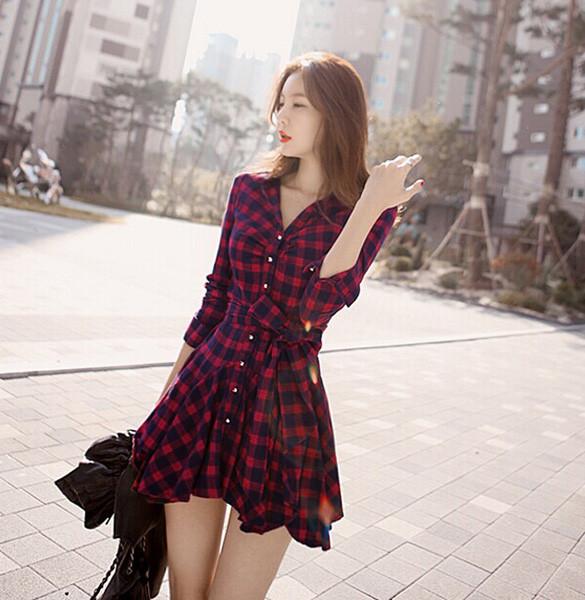 Lapel Plaid V-neck Long Sleeves with Belt Short Dress - MeetYoursFashion - 3