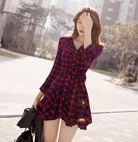Lapel Plaid V-neck Long Sleeves with Belt Short Dress - MeetYoursFashion - 4
