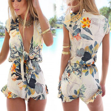 Free Shipping V-neck Flouncing Romper Straps Print Overall Jumpsuit