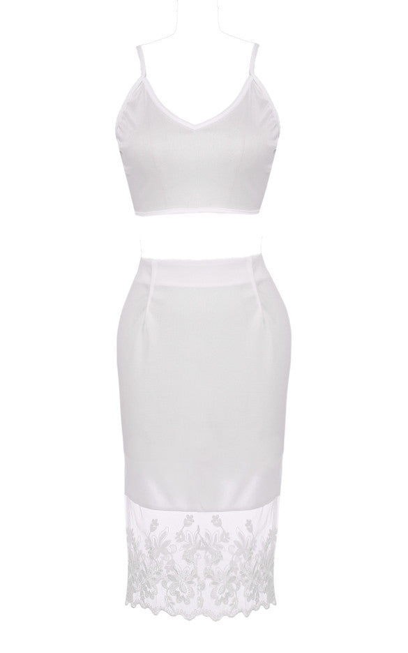 Backless Vest Top Organza Lace Hem Stitching Pencil Skirt Dress Set - May Your Fashion - 3