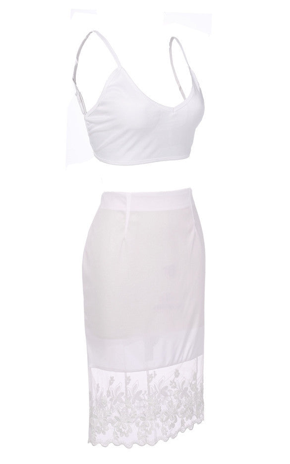 Backless Vest Top Organza Lace Hem Stitching Pencil Skirt Dress Set - May Your Fashion - 4