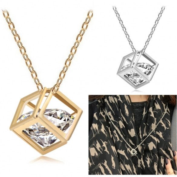 Fashion Women Romantic Rhinestone Crystal Cube-Shaped Pendant Necklace Chain Necklace