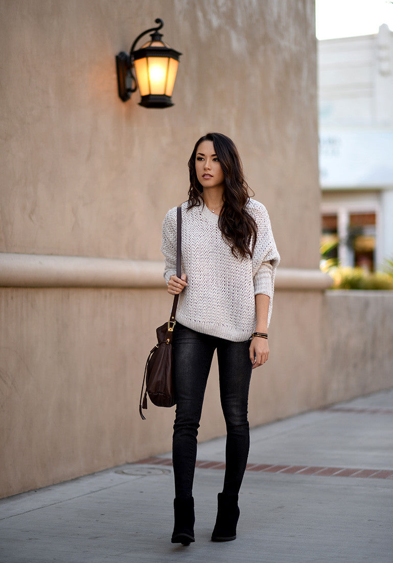 Scoop Hollow Out Dropped Shoulder Solid Loose Sweater