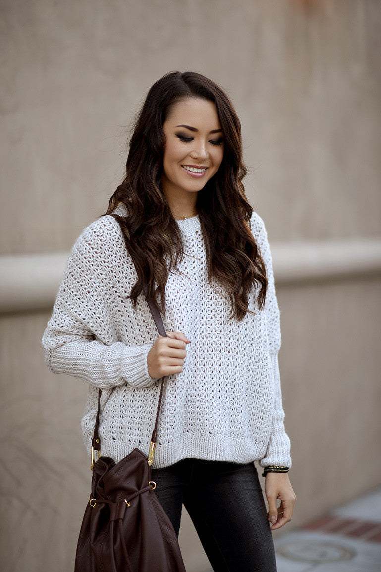 Scoop Hollow Out Dropped Shoulder Solid Loose Sweater