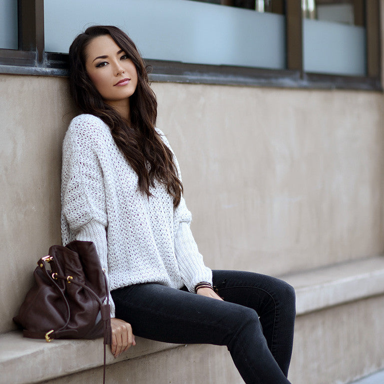 Scoop Hollow Out Dropped Shoulder Solid Loose Sweater