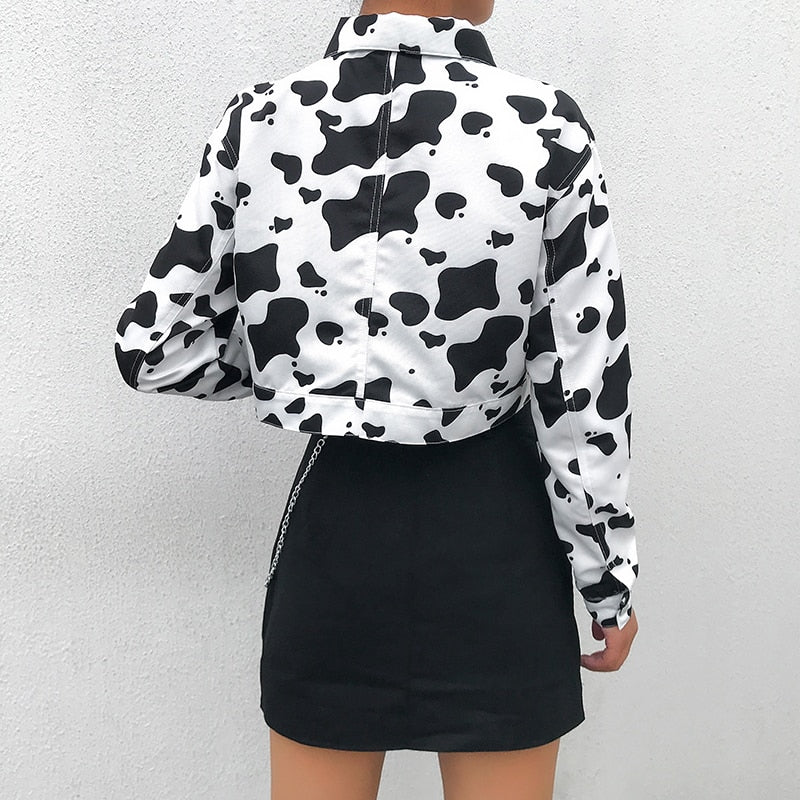 Streetwear Cow Print Cropped Female Jacket Casual Buttons Coat Women Cardigan Spring Autumn Basic Jackets Outwear