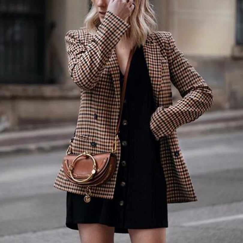 Women Plaid Blazers and Jackets Work Office Lady Suit Slim Double Breasted Business Female Blazer Coat